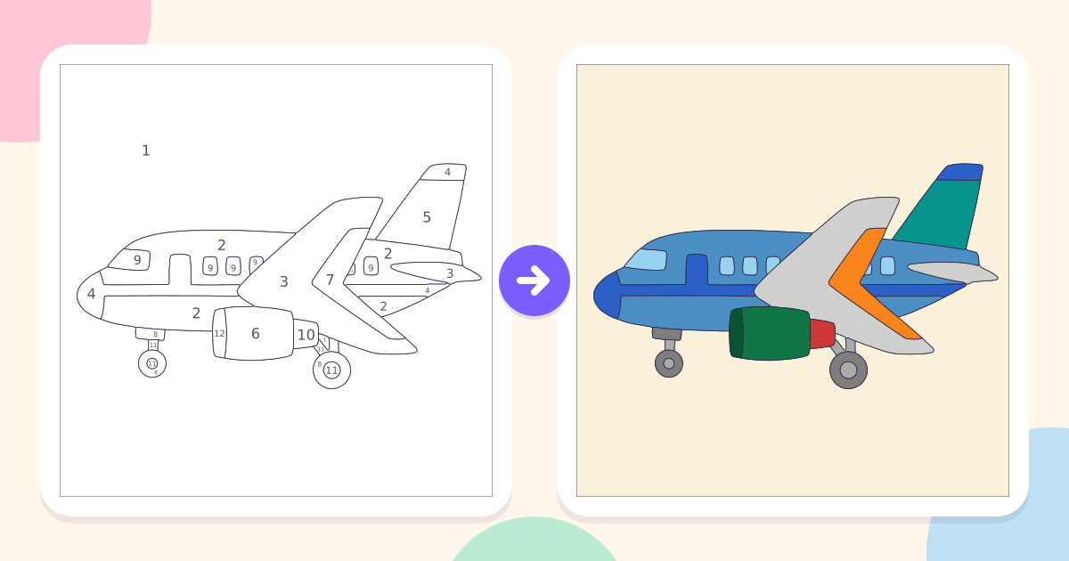 Airplane: the numbered outline and the finished picture