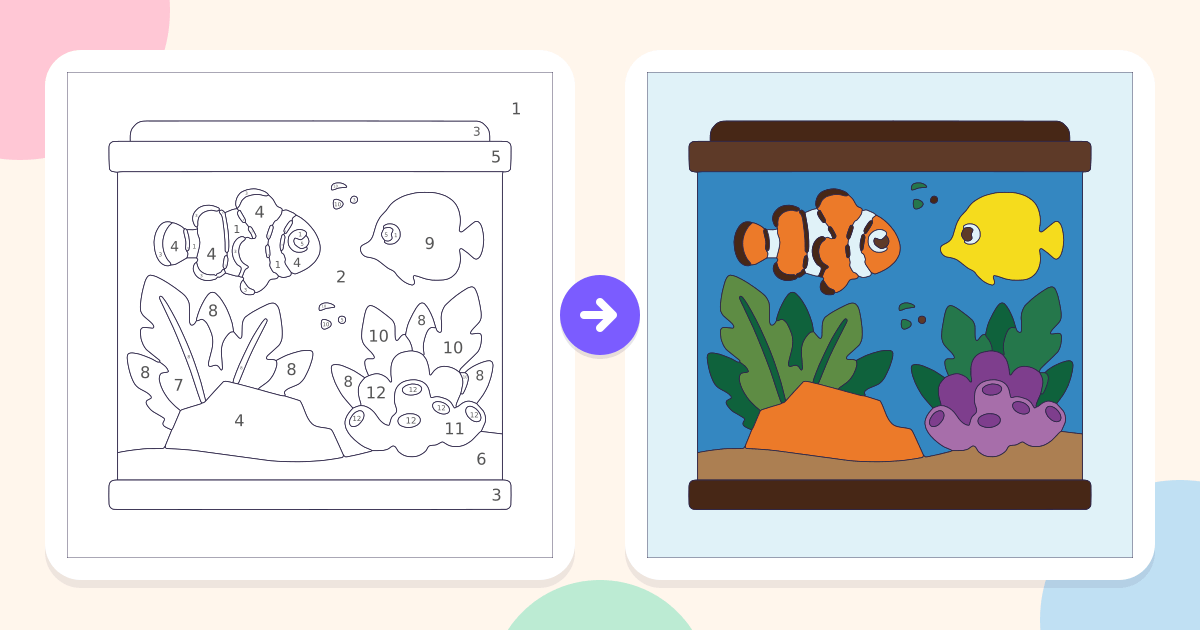 Aquarium: the numbered outline and the finished picture