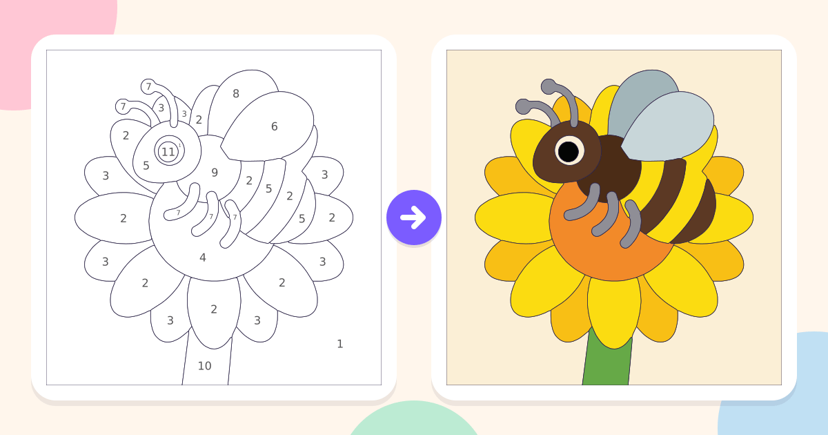 Bee Flower: the numbered outline and the finished picture