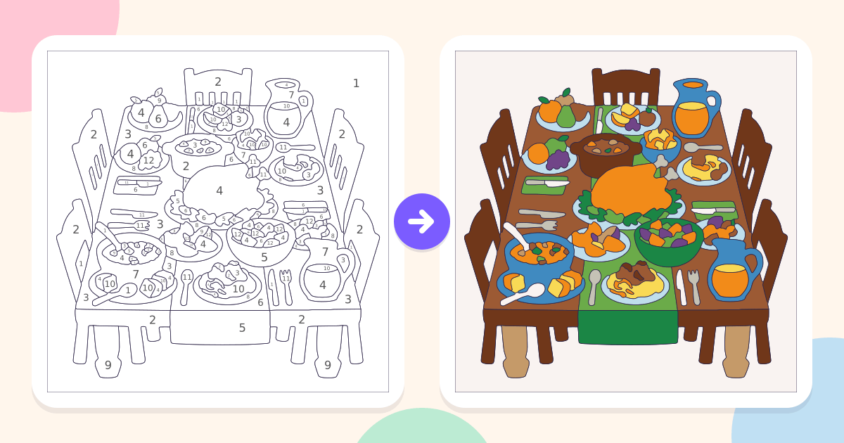 Big Table With Food: the numbered outline and the finished picture