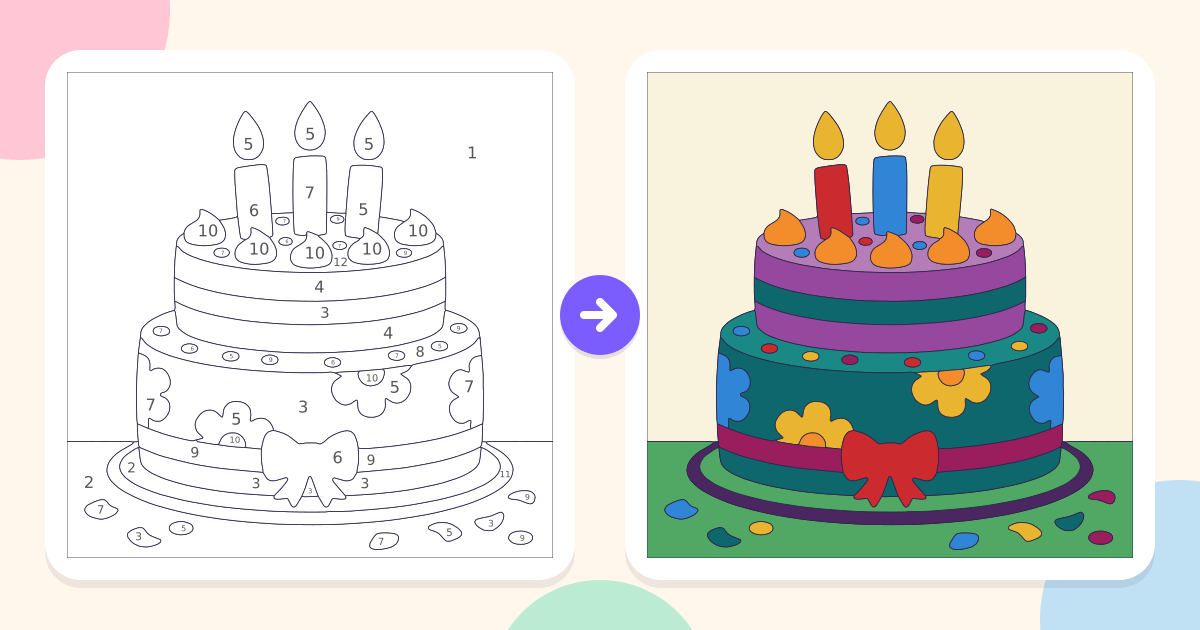 Birthday Cake: the numbered outline and the finished picture