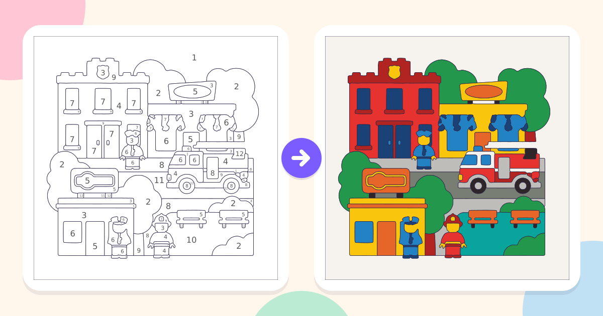 Block City: the numbered outline and the finished picture