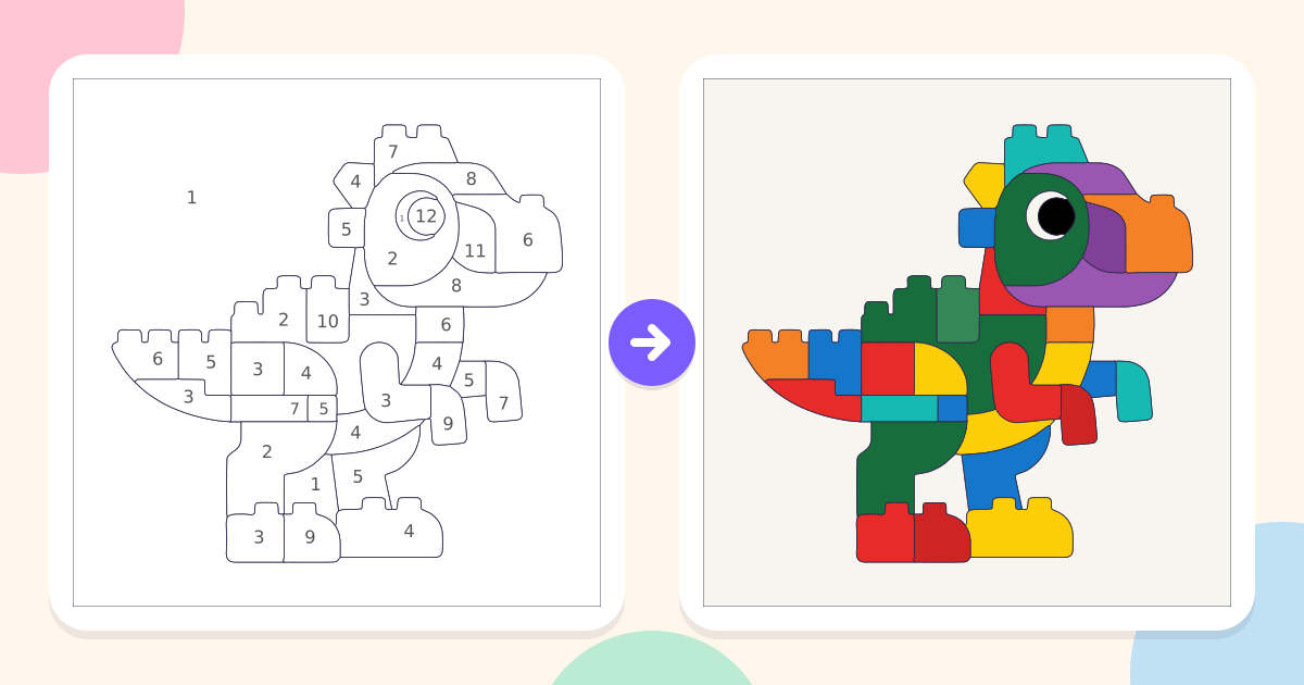 Block Dinosaur: the numbered outline and the finished picture