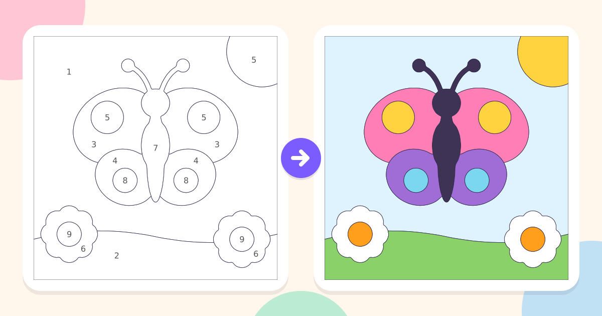 Butterfly: the numbered outline and the finished picture