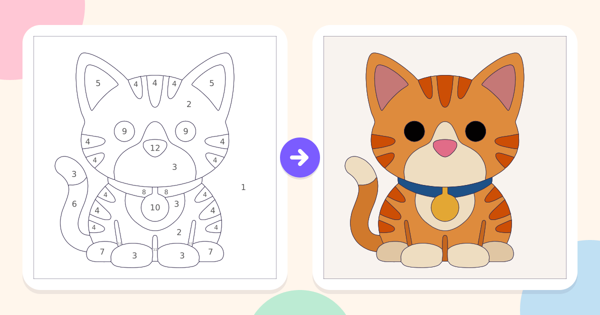 Cat: the numbered outline and the finished picture