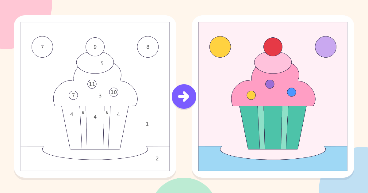 Cupcake: the numbered outline and the finished picture