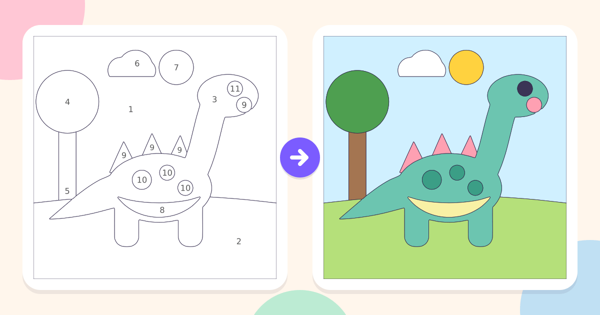 Dinosaur: the numbered outline and the finished picture