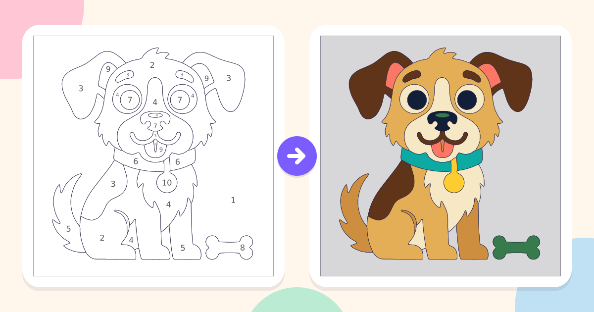 Dog: the numbered outline and the finished picture