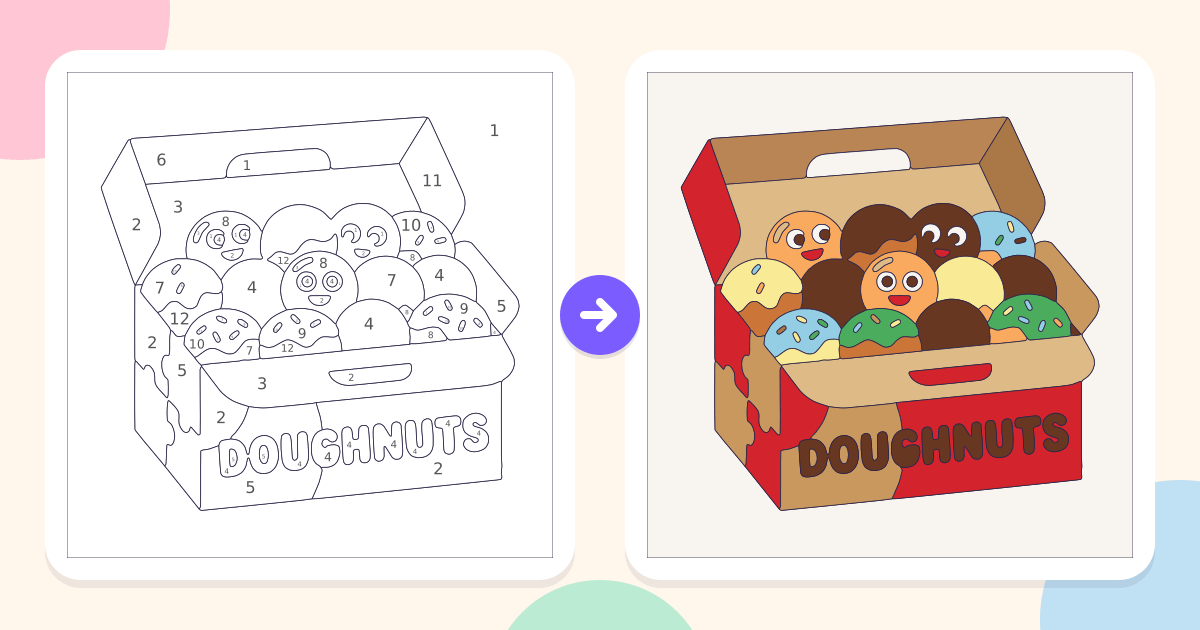 Doughnut Box: the numbered outline and the finished picture