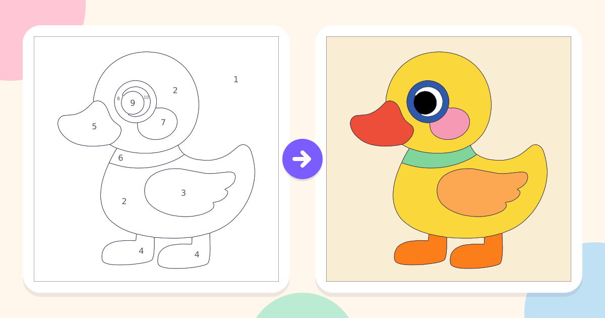 Duckling: the numbered outline and the finished picture