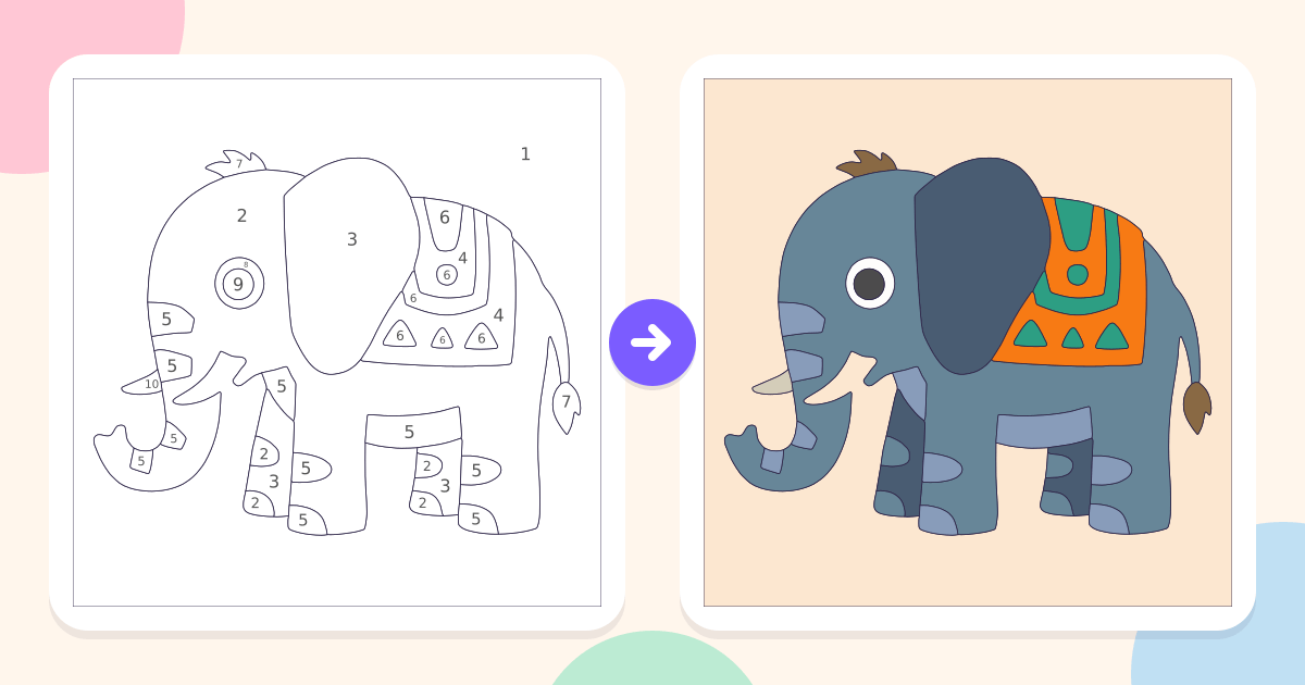 Elephant 1: the numbered outline and the finished picture