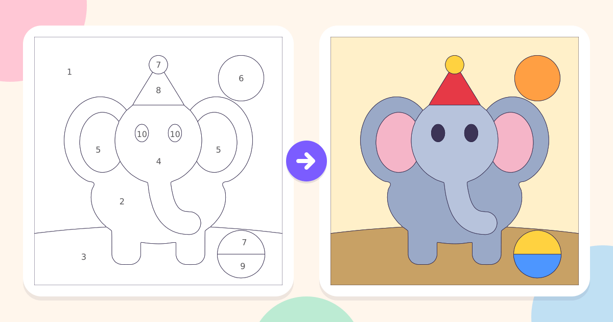 Elephant: the numbered outline and the finished picture