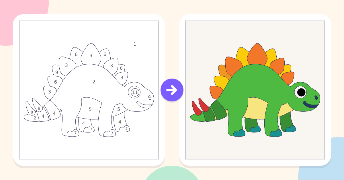 Green Dinosaur: the numbered outline and the finished picture
