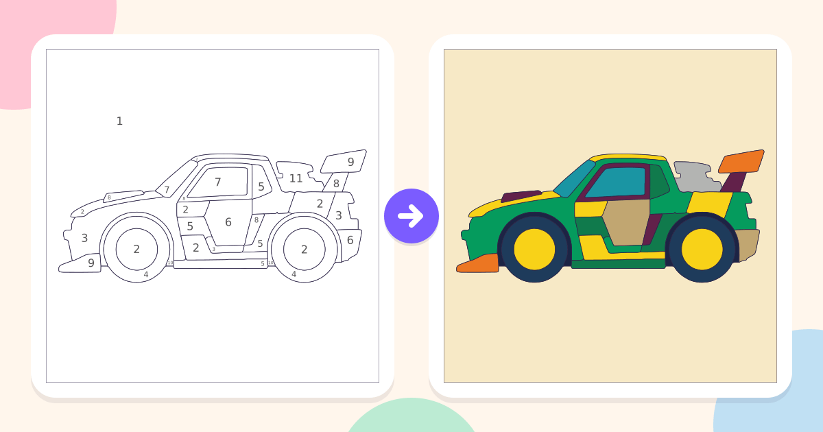 Green Race Car: the numbered outline and the finished picture