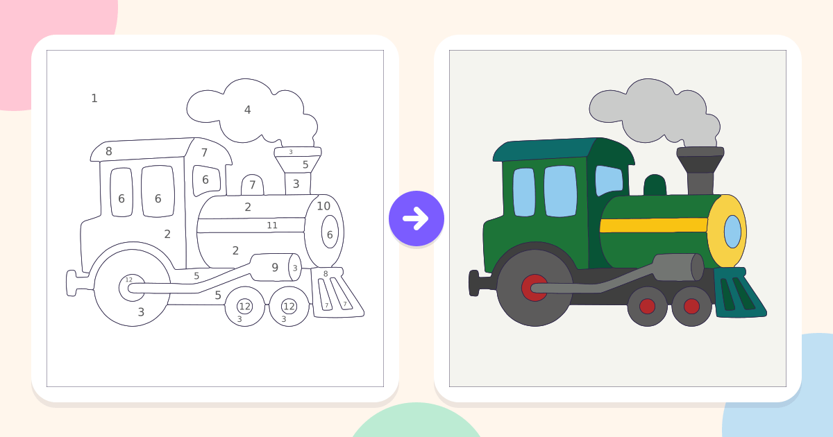 Green Steam Engine: the numbered outline and the finished picture