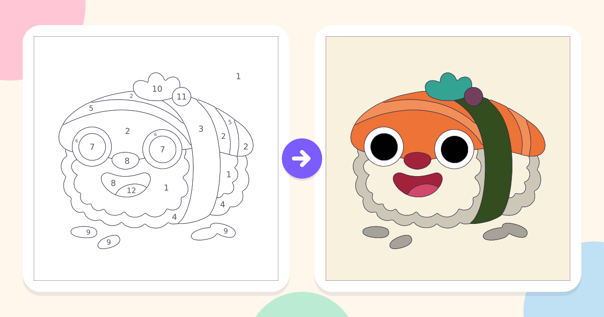 Happy Sushi: the numbered outline and the finished picture