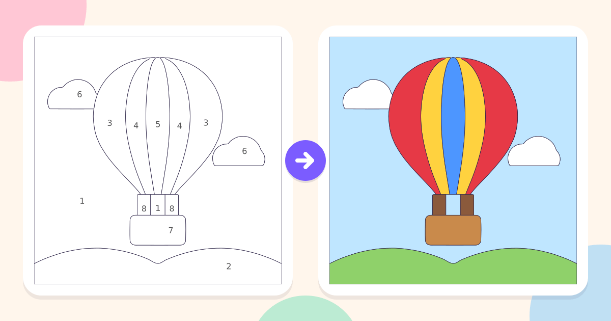 Hot Air Balloon: the numbered outline and the finished picture