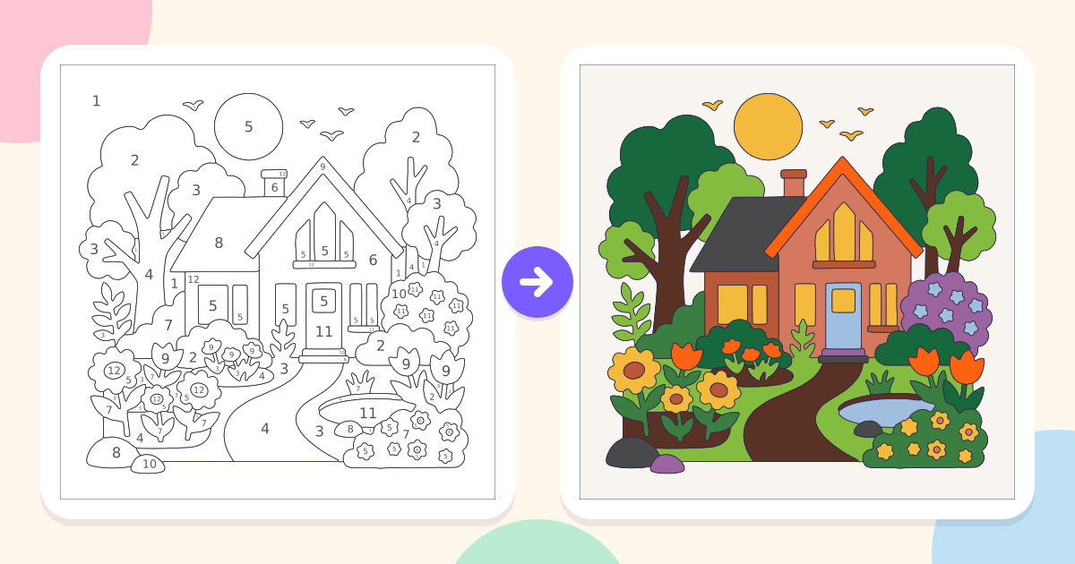 House With Garden: the numbered outline and the finished picture