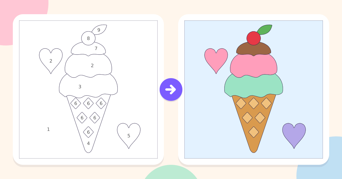Ice Cream: the numbered outline and the finished picture