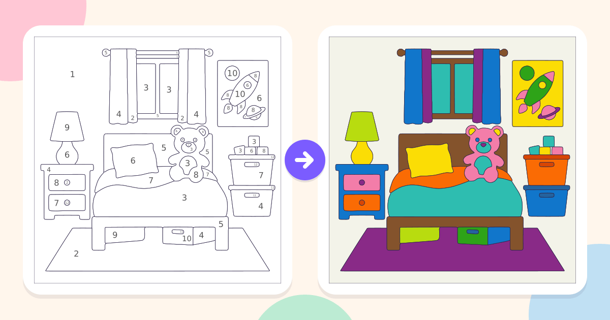 Kids Bedroom: the numbered outline and the finished picture