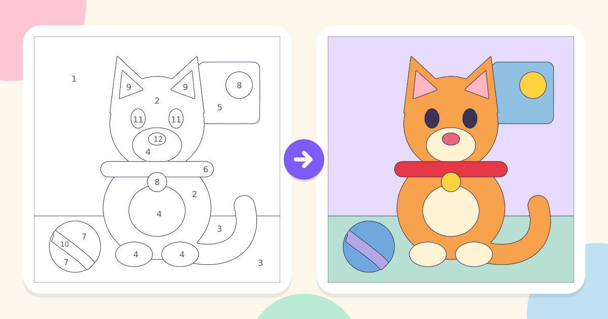 Kitten: the numbered outline and the finished picture
