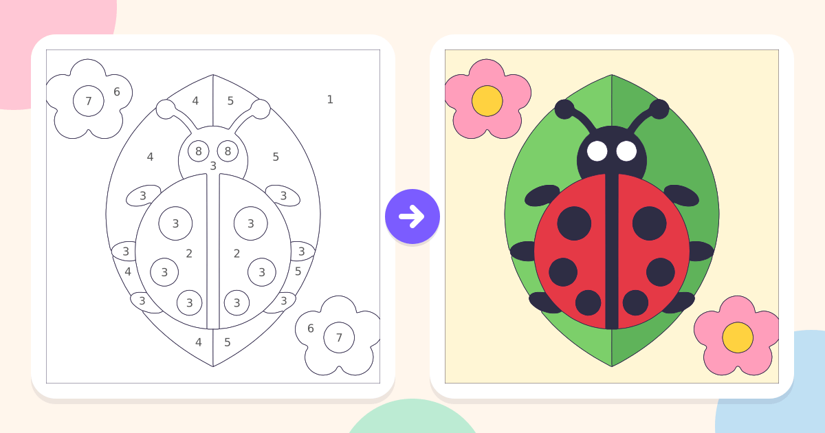Ladybug: the numbered outline and the finished picture
