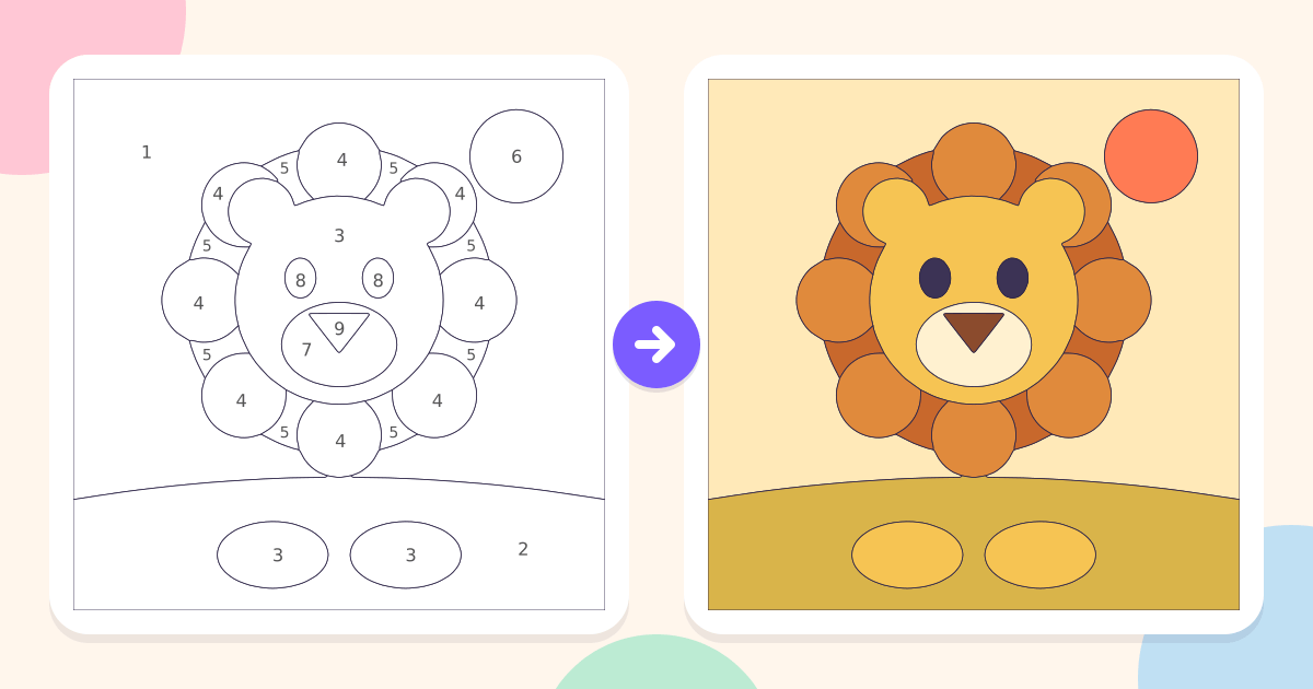 Lion: the numbered outline and the finished picture