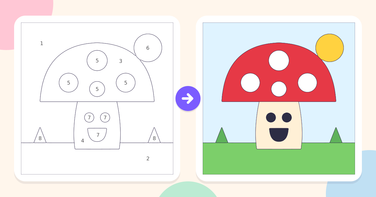 Mushroom: the numbered outline and the finished picture