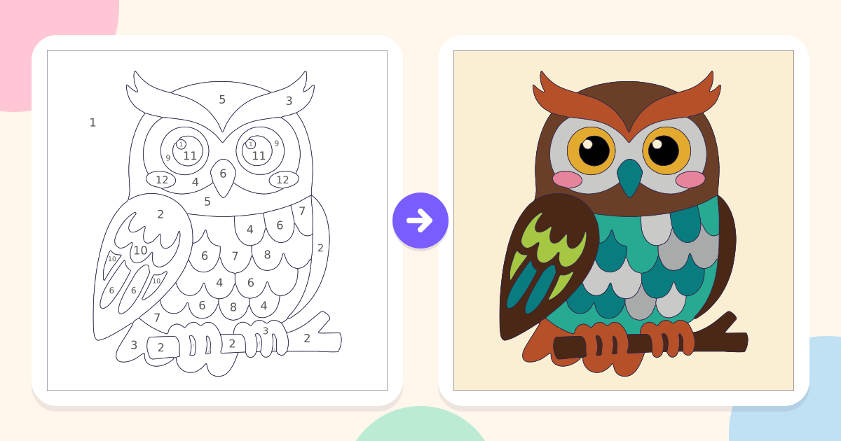 Owl 1: the numbered outline and the finished picture