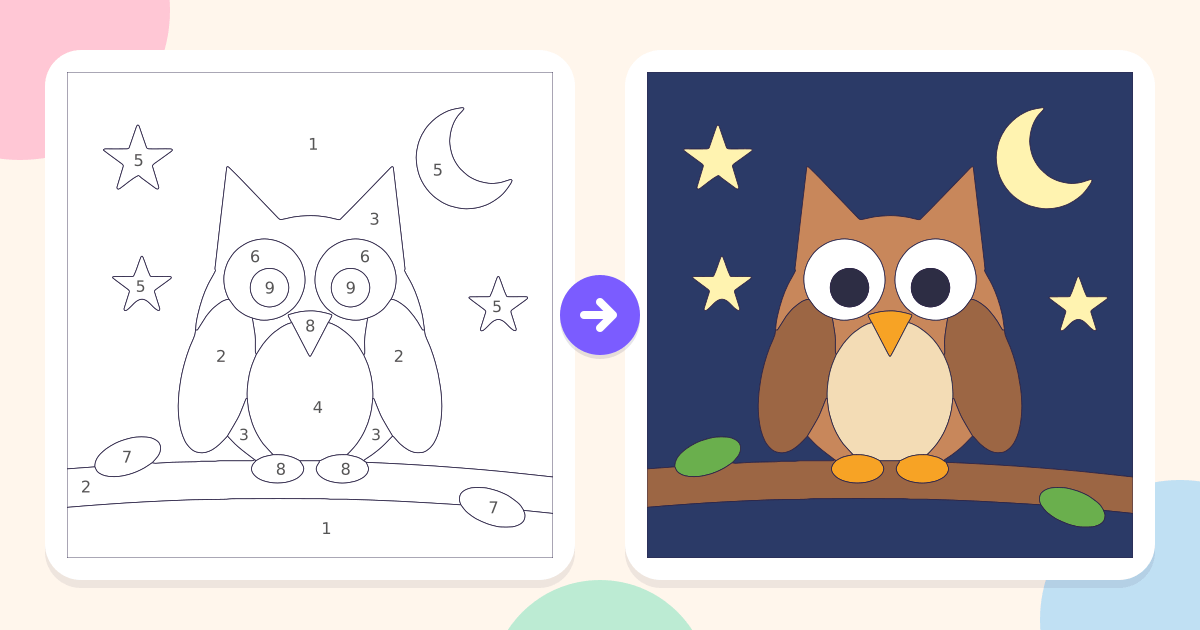 Owl: the numbered outline and the finished picture