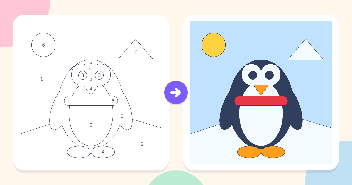 Penguin: the numbered outline and the finished picture