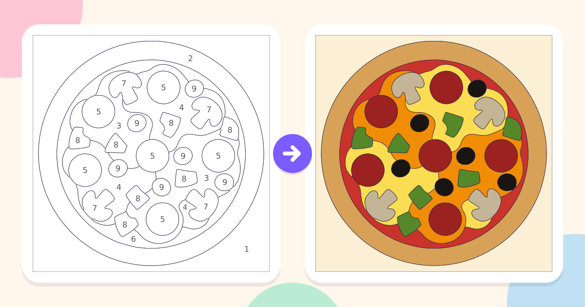 Pizza: the numbered outline and the finished picture
