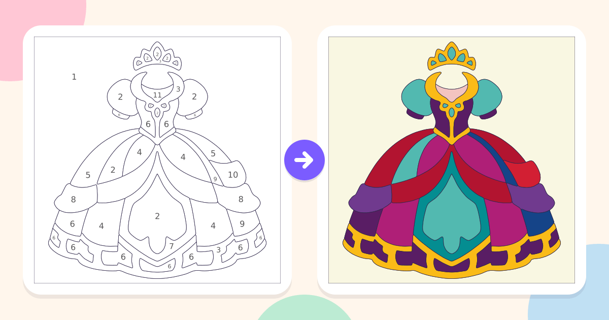 Princess Dress: the numbered outline and the finished picture