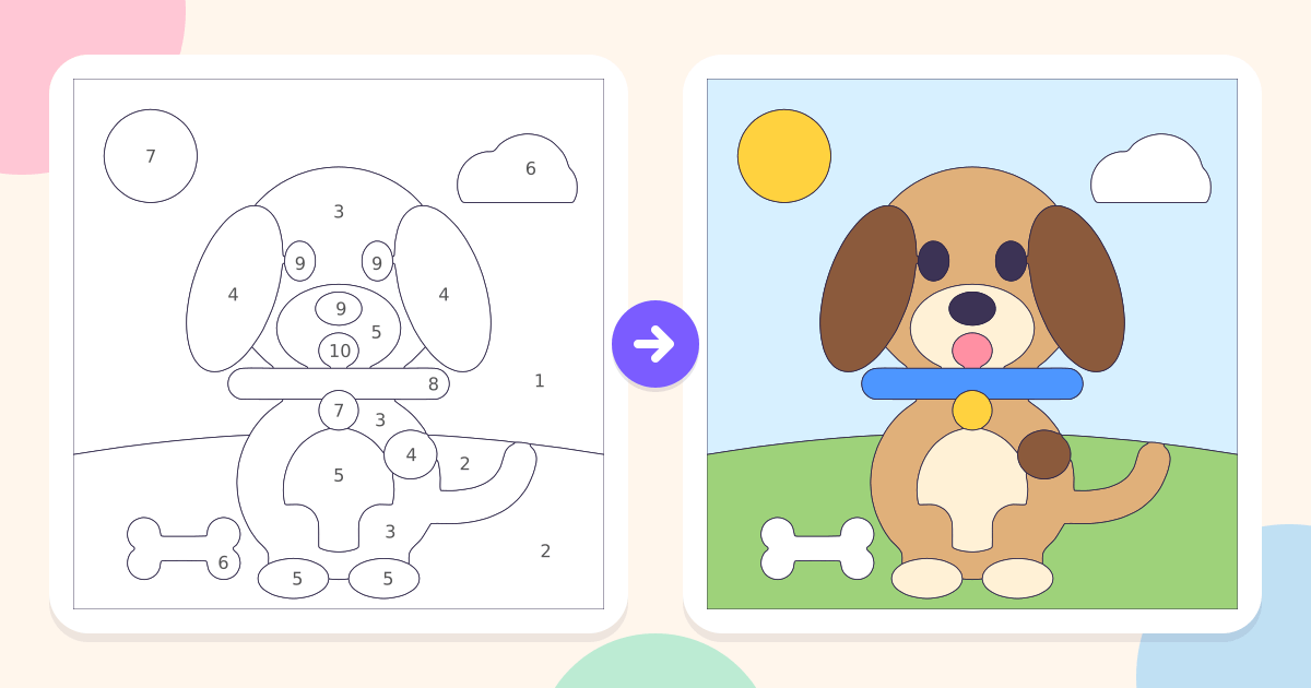 Puppy: the numbered outline and the finished picture