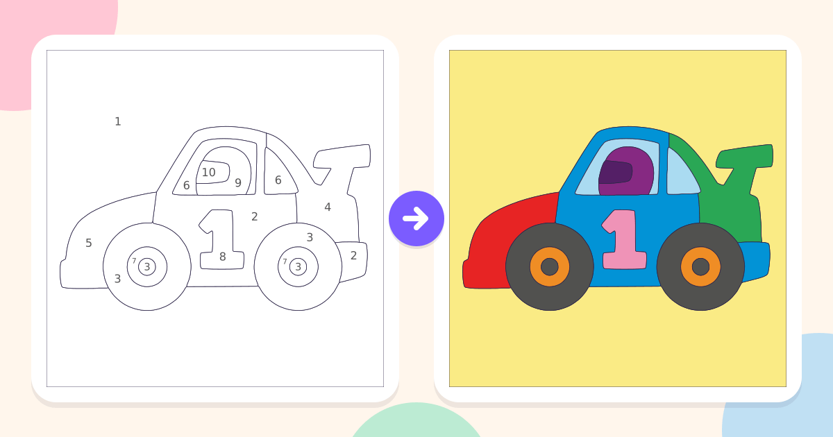Race Car: the numbered outline and the finished picture