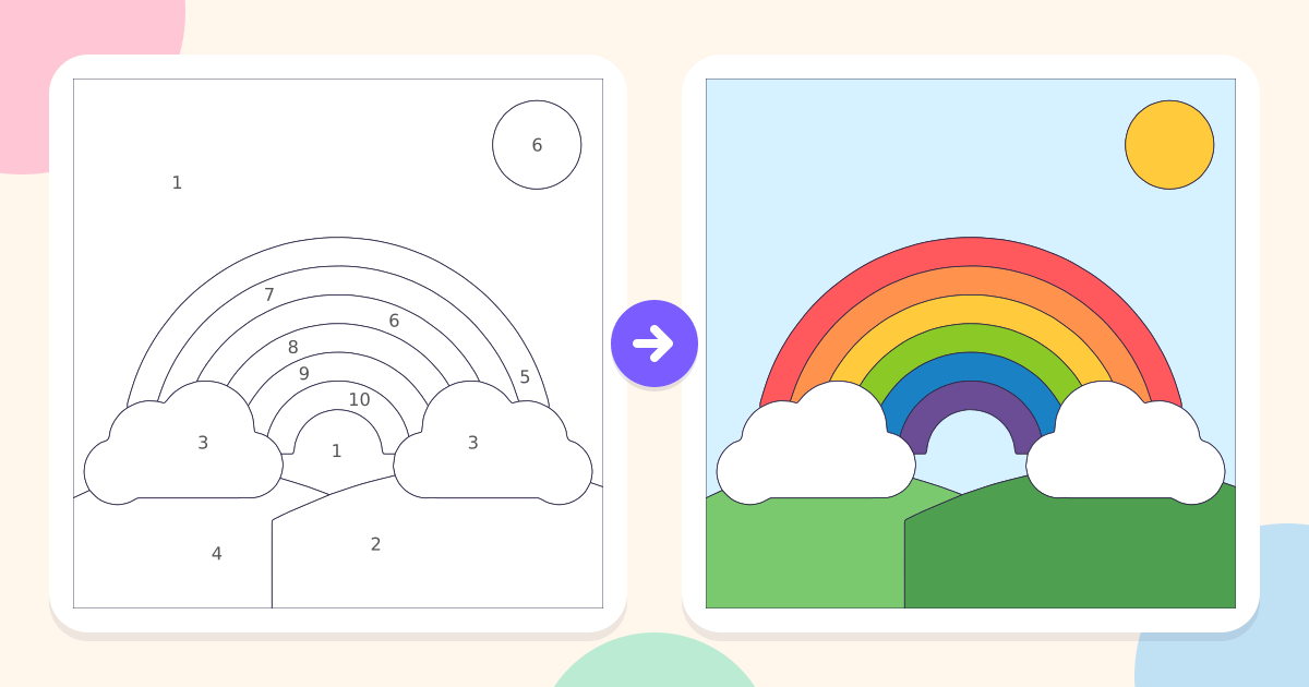 Rainbow: the numbered outline and the finished picture