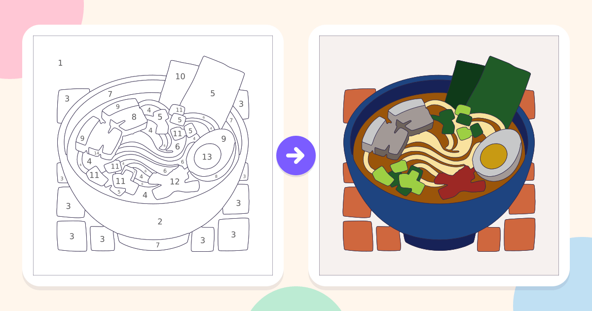 Ramen: the numbered outline and the finished picture