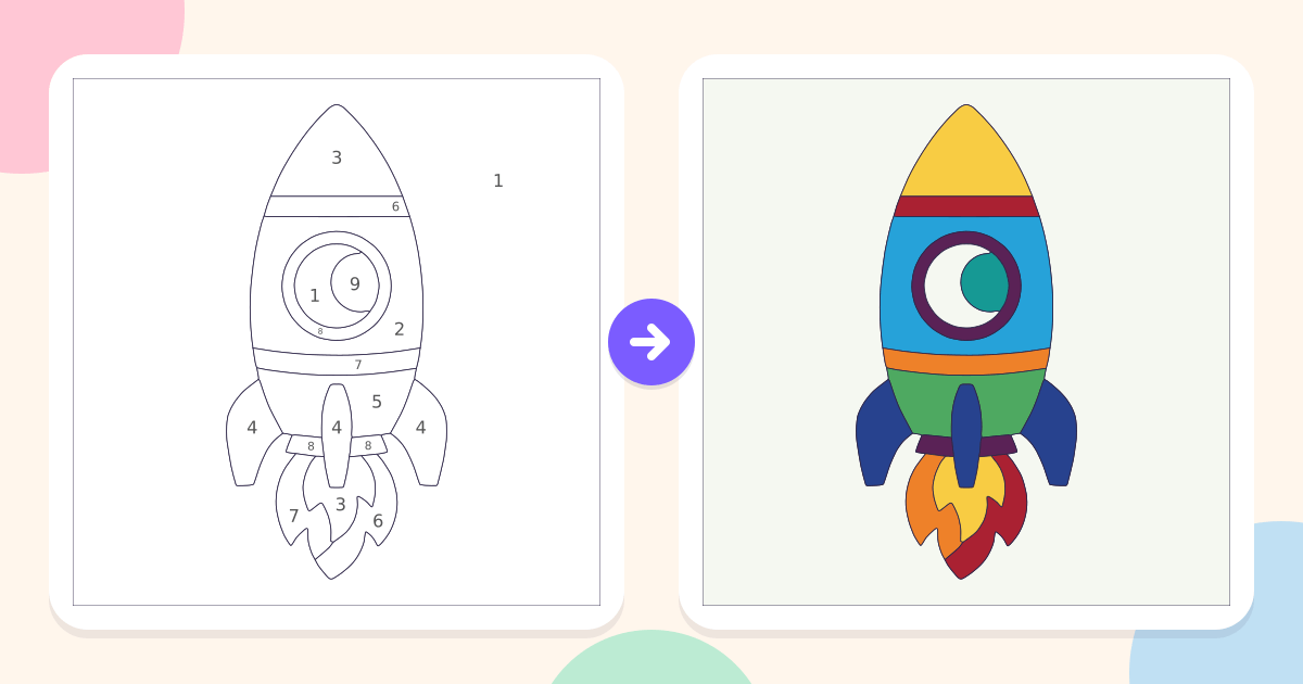 Rocket: the numbered outline and the finished picture