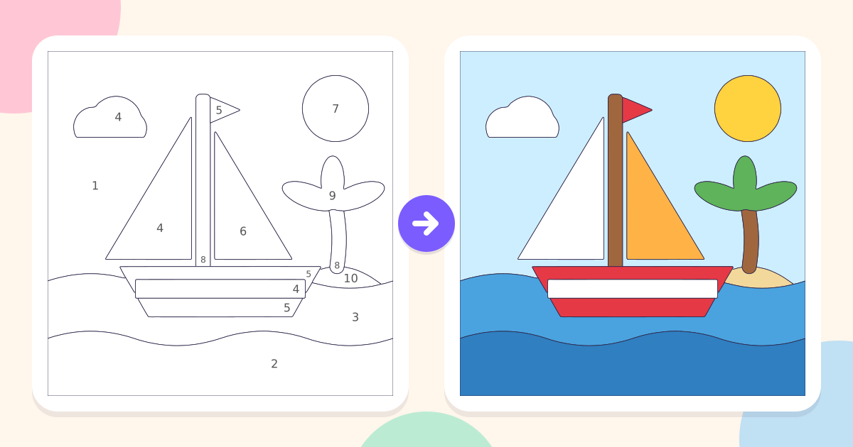 Sailboat: the numbered outline and the finished picture
