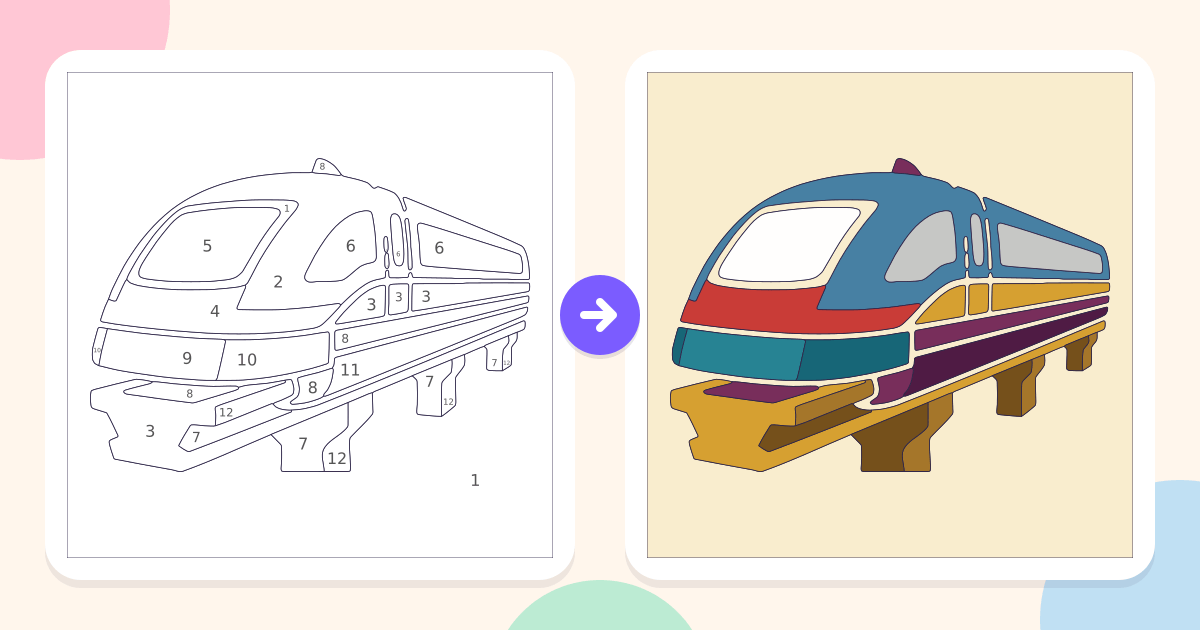 Shinkansen Bulet Train: the numbered outline and the finished picture