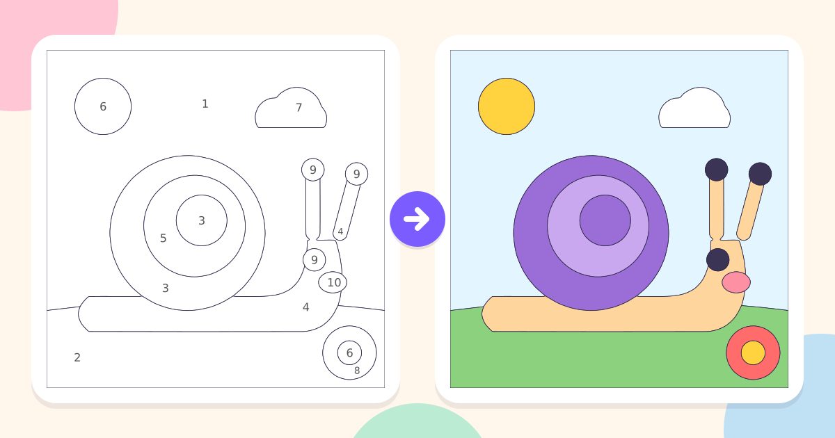 Snail: the numbered outline and the finished picture