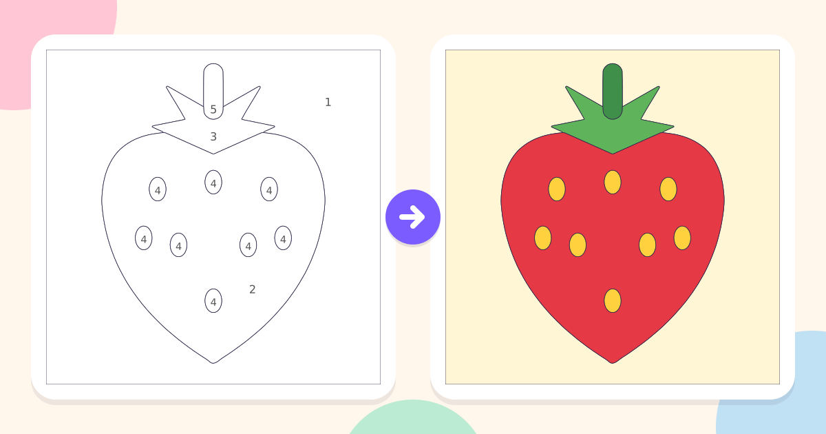 Strawberry: the numbered outline and the finished picture