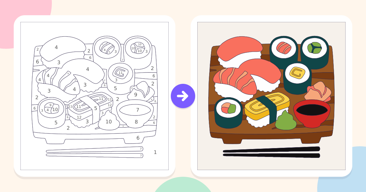 Sushi Platter: the numbered outline and the finished picture