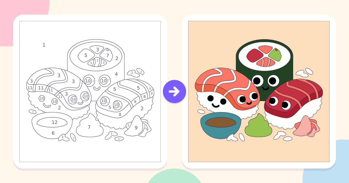 Sushi: the numbered outline and the finished picture