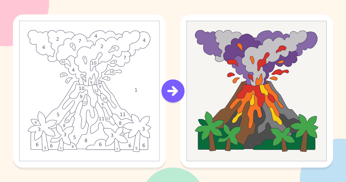 Volcano: the numbered outline and the finished picture