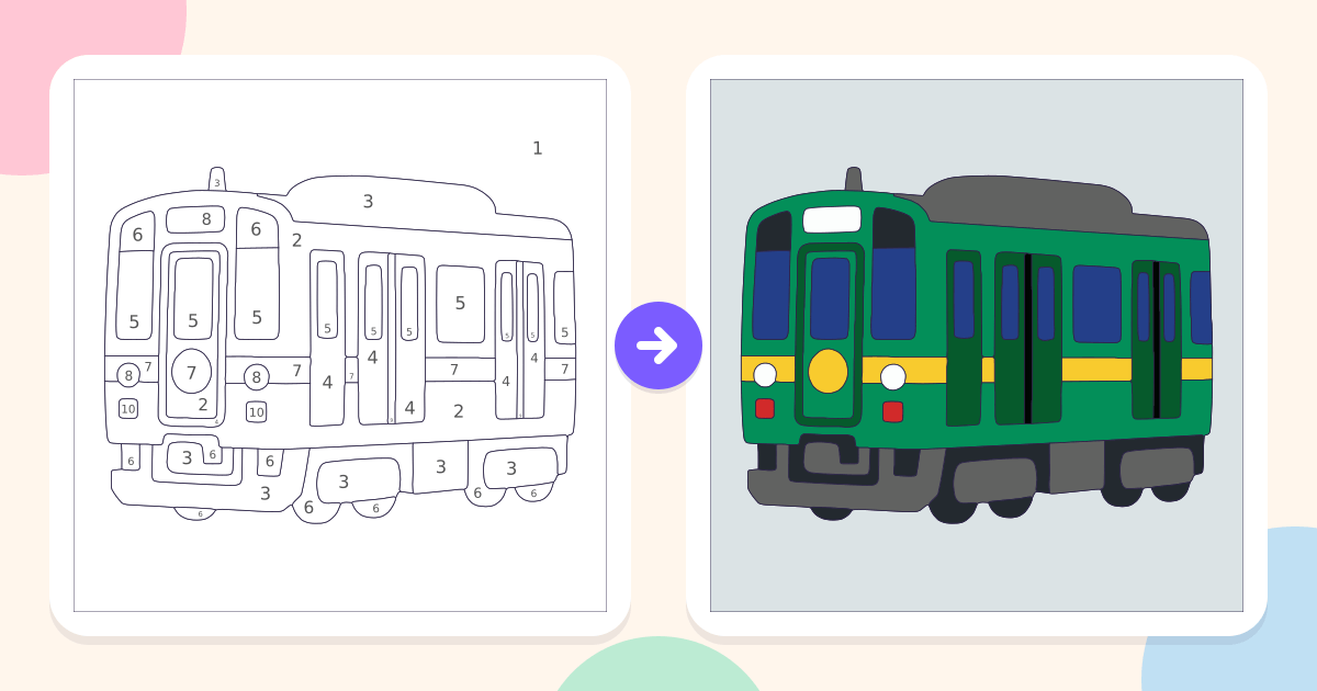 Yamanote Train: the numbered outline and the finished picture